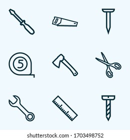 Handtools icons line style set with wrench, screwdriver, bolt and other screw elements. Isolated vector illustration handtools icons.