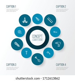 Handtools icons line style set with tape measure, drill, hatchet and other ruler elements. Isolated vector illustration handtools icons.