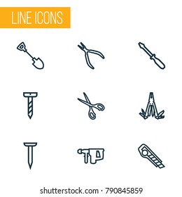 Handtools icons line style set with bolt, round pliers, turn-screw and other round pliers elements. Isolated vector illustration handtools icons.