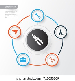 Handtools Icons Set. Collection Of Clamp, Spanner, Toolkit And Other Elements. Also Includes Symbols Such As Toolbox, Multifunctional, Sharp.