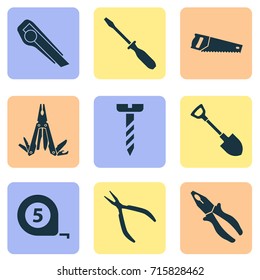 Handtools Icons Set. Collection Of Multifunctional Pocket, Digging, Screw And Other Elements. Also Includes Symbols Such As Cutter, Utility, Clamp.