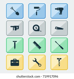 Handtools Icons Set. Collection Of Paint, Digging, Spanner And Other Elements. Also Includes Symbols Such As Drill, Ruler, Brush.