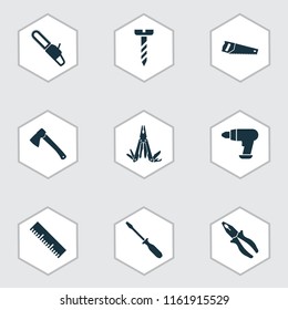 Handtools icons set with saw, chainsaw, measurement and other clamp elements. Isolated vector illustration handtools icons.