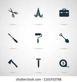 Handtools icons set with scissors, shovel, multi tool and other bolt elements. Isolated vector illustration handtools icons.