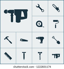 Handtools icons set with tape measure, roller brush, bolt and other spanner elements. Isolated vector illustration handtools icons.