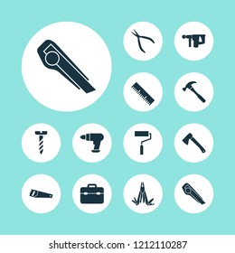 Handtools icons set with utility knife, clamp, drill and other repair elements. Isolated vector illustration handtools icons.