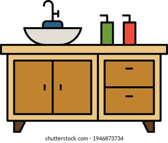 Handwash Concept, Basin Faucet with liquid Soap and sanitizer bottles Vector Icon design,  Interior design Symbol, Home Office decoration Sign, Residential and Commercial Decor Elements stock illustra