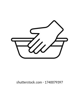 Icono de lavado de manos, lavandería delicada. Emblema lineal de mano y lavabo con agua. Ilustración simple negra del modo de lavado de la lavadora. Contorno pictograma vectorial aislado sobre fondo blanco
