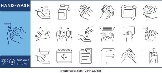 Hand-Wash icons pack. 18 line icons. Vector editable stroke. Hand, wash, soap, health, tap, drier, sanitizer.