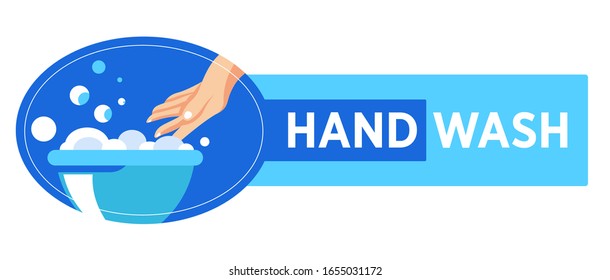 Handwash sign with container filled with bubbly water and female hand. Symbol or label for clothes care, cleaning and tidying clothing. Household chores and laundry cleansing vector in flat style
