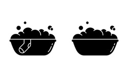 Handwaschen Sie Silhouette Symbol. Schwarze Vektorgrafik Von Plastikwaschbecken Mit Schaum, Seifenblase, Socke. Zwei Ausblicke Auf Waschbecken Mit Lader. Contour Einzeln Auf Weißem Hintergrund
