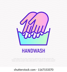 Handwash Symbol: Two Hands In Wash Bowl. Thin Line Icon. Modern Vector Illustration.