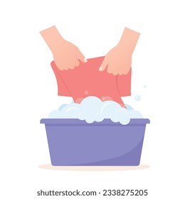 handwashing clothes in a basin with water and soap foam -vector illustration