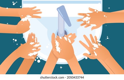 Handwashing day. Handwashing illustration. Water, washing hands, cleaning. Hygiene concept. Vector illustration can be used for healthcare, skincare, hygiene. 