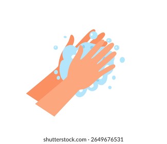 Handwashing with soap and bubbles vector illustration. Represents hygiene, health care, and virus prevention. Perfect for posters, guides, and educational materials