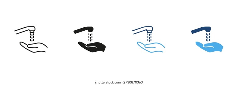 Händewaschen unter Wasserhahn Linie und solide Symbol-Set. Werbung für Hygiene, sanitäre Einrichtungen und Sauberkeit Umriss und Silhouette Symbol Collection. Sensibilisierung für Gesundheit und Sicherheit. Isolierte Vektorgrafik.