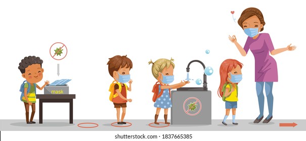 Handwashing and wearing masks. Prevent the flu or covid-19 for kids in a school. during coronavirus epidemic. COVID-19. Visual Support. Social Distancing. School start. Vector illustration.