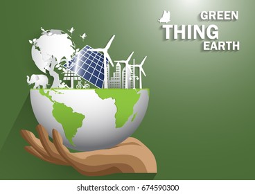  Hand,windmill and solar panels on the grass ,Environmentally friendly world. Vector illustration of ecology,concept Hand to protect the environment and The earth