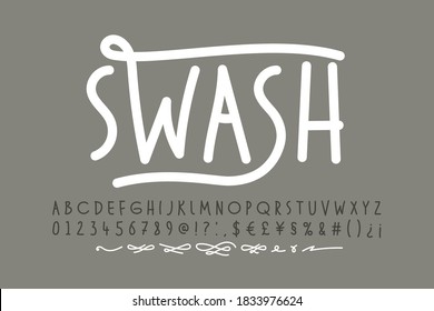 Handwitten font with swashes. Alphabet letters, numbers, punctuation marks, symbols and alternates vector illustration