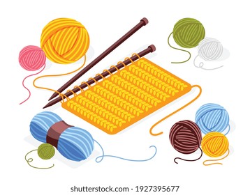 Composición isométrica de mano con pieza de tejido de punto, agujas de punto y coágulos de madera coloreados, ilustración vectorial 