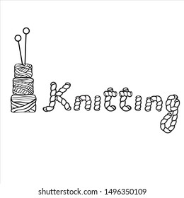Handwork. Logo for knitting. Text made of thread. A ball of thread. Black and white