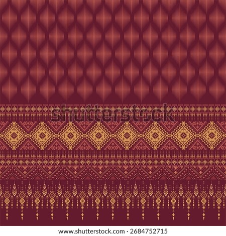 Handwoven-style red Thai Ikat pattern with cultural motifs. Great for sarong fabric, textile printing, wallpaper, and packaging.Thai Ikat Fabric Traditional Pattern for Textile and Wrapping