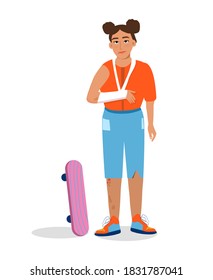 Hand,wrist bone fractures with gypsum or orthopedic cast. Temporarily disabled sad teenager with broken arm with bandage. Unhappy injured girl.Child has fallen from skateboard.Trendy vector for clinic