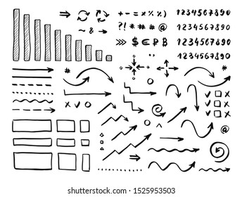 Handwrite elements on white background. Numbers, arrows, symbols and signs