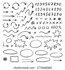 Handwrite elements on white background. Numbers, arrows, symbols and signs