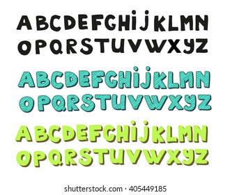Handwriting Alphabets.  Hand drawn vector doodle font set in three versions - black, blue and green. Isolated on white background.