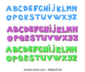 Handwriting Alphabets.  Hand drawn vector doodle font set in three versions - green,purple and blue. Isolated on white background.
