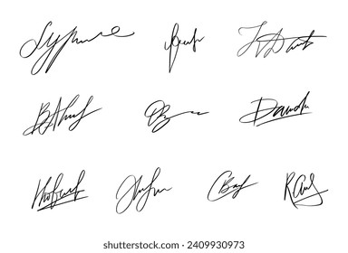 Handwriting Autograph set. Personal fictitious signature calligraphy lettering. Scrawl imaginary name for document. Vector illustration on white background.