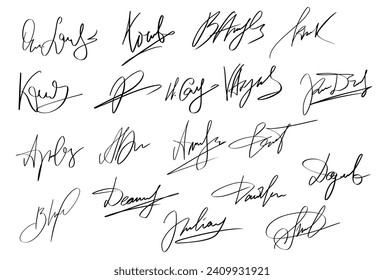 Handwriting Autograph set. Personal fictitious signature calligraphy lettering. Scrawl imaginary name for document. Vector illustration on white background.