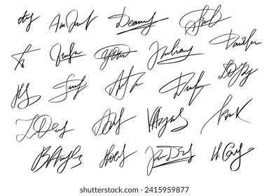 Handwriting Autograph set. Personal fictitious signature calligraphy lettering. Scrawl imaginary name for document. Vector illustration on white background