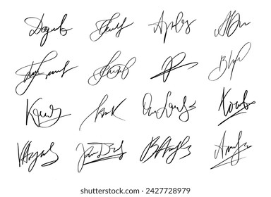 Handwriting Autograph set. Personal fictitious signature calligraphy lettering. Scrawl imaginary name for document. Vector illustration on white background