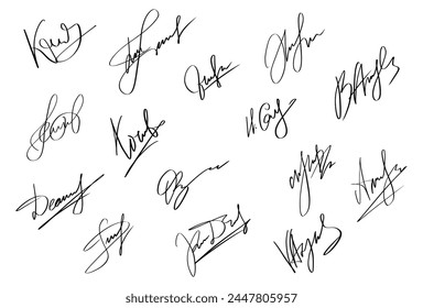 Handwriting Autograph set. Personal fictitious signature calligraphy lettering. Scrawl imaginary name for document. Vector illustration on white background