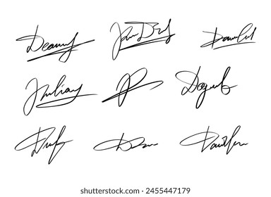 Handwriting Autograph set. Personal fictitious signature calligraphy lettering. Scrawl imaginary name for document. Vector illustration on white background.