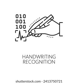 Handwriting biometric identification, recognition and verification icon. Signature secure identification, identity biometric verification outline vector icon with pen in human hand writing binary code