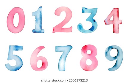 Handwriting blue pink numbers 0-9. Set of colorful watercolor numbers. Hand painted watercolor numbers. 