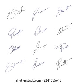 Handwriting business signature set. Vector pack with isolated imaginary personal handwriting scribble signatures.