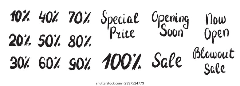 Handwriting calligraphy business banners. Discount label with 10, 20, 30, 40, 50, 60, 70, 80, 90 percent off. Price reduction with different discount amount. Sale label vector illustration