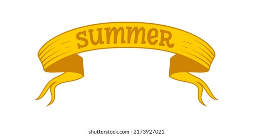 Handwriting Cartoon Letter. Summer. Hand drawn name of the season of the year on a bright yellow ribbon.Template for a title, postcard, calendar. Isolated on a white background. Vector illustration.
