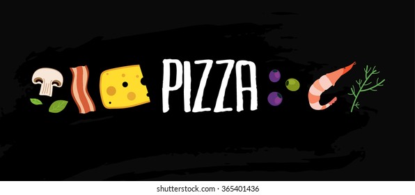 handwriting chalk pizza sign typography header banner with ingredient illustration with black board background