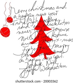 Handwriting in different languages with red christmas tree