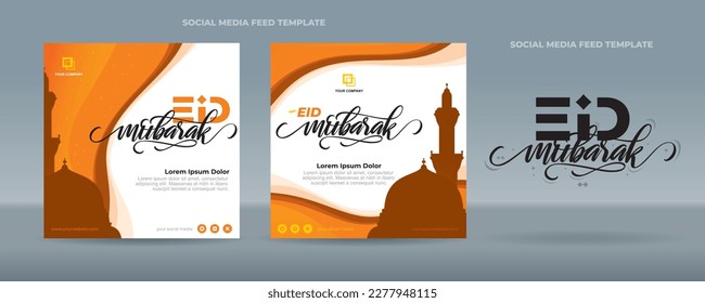 Handwriting Eid Mubarak calligraphy greetings with mosque silhouette and starry sky on orange gradient background - Flat design template for social media feed post