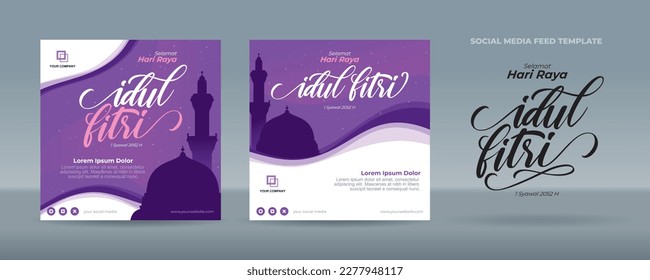 Handwriting Eid Mubarak calligraphy greetings with mosque silhouette and starry sky on orange gradient background - Flat design template for social media feed post