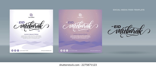 Handwriting Eid Mubarak greetings on purple and white desert background - Flat design template for social media feed post