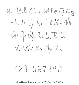 Handwriting English alphabet, font and numbers.