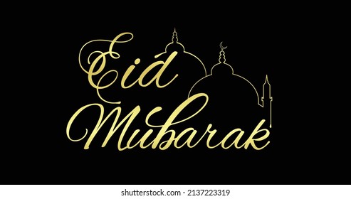 Handwriting in the golden text of Eid Mubarak with mosque dome on black background