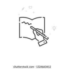 Handwriting, Hand Holding Pen Vector Line Icon. Writing, Authors and Books Symbol, Pictogram, Sign. Abstract Geometric Background. Editable Stroke. Adjust Line Weight. Design with Pixel Perfection.